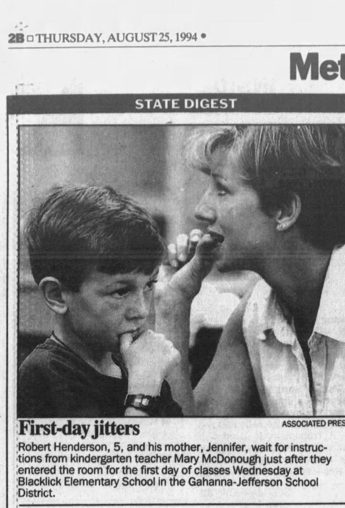 Archival 1994 newspaper photo of the first day at Blacklick Elementary in the Gahanna-Jefferson School District, highlighting the deep community roots in Jefferson Township.